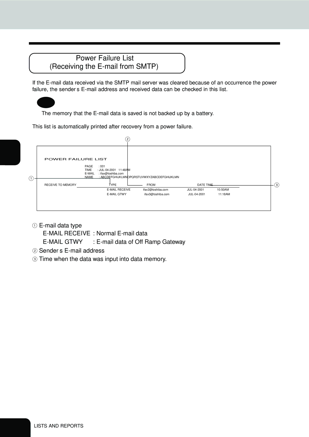 Toshiba E1-17063A manual Power Failure List Receiving the E-mail from Smtp 