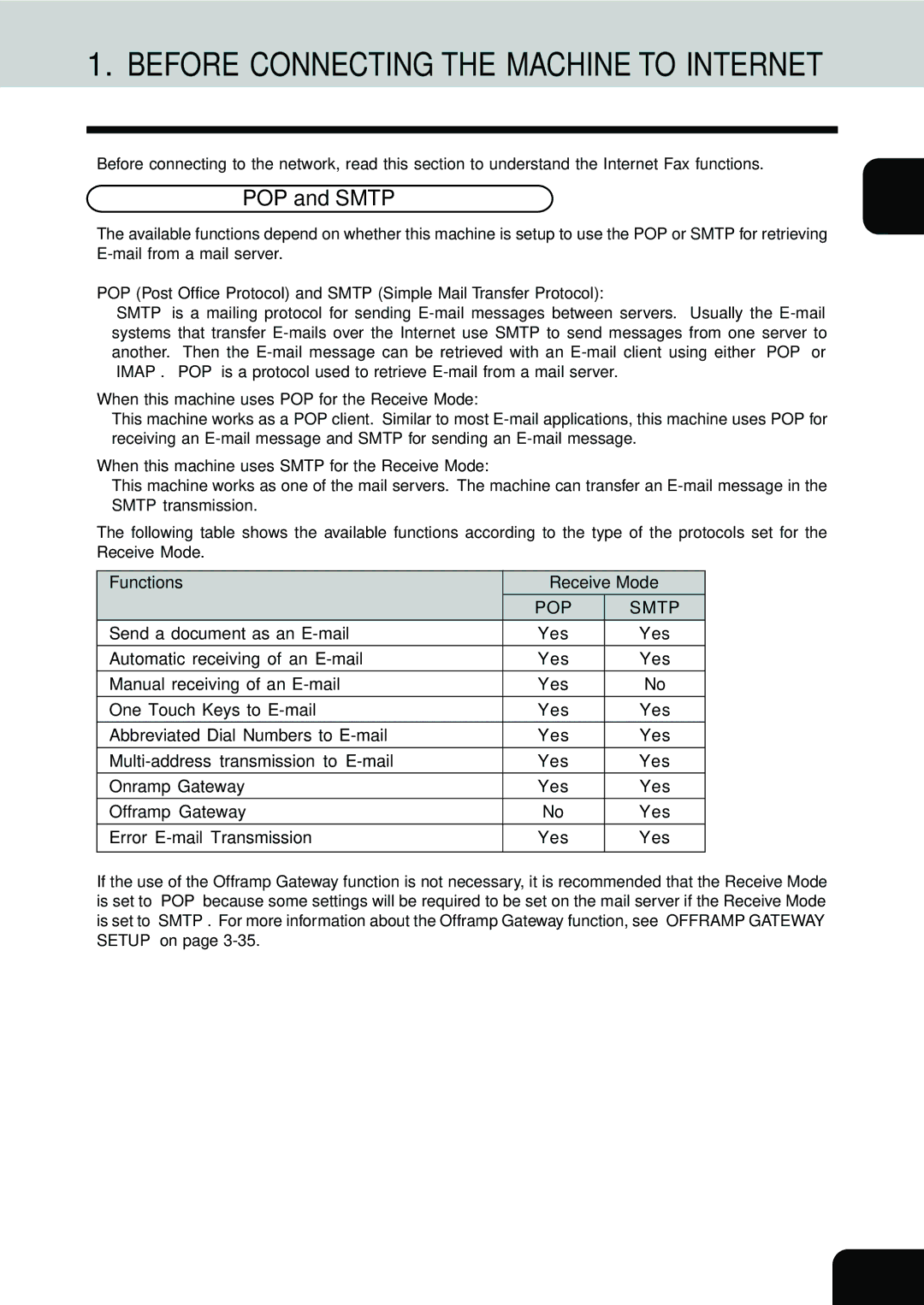 Toshiba E1-17063A manual Before Connecting the Machine to Internet, POP and Smtp 