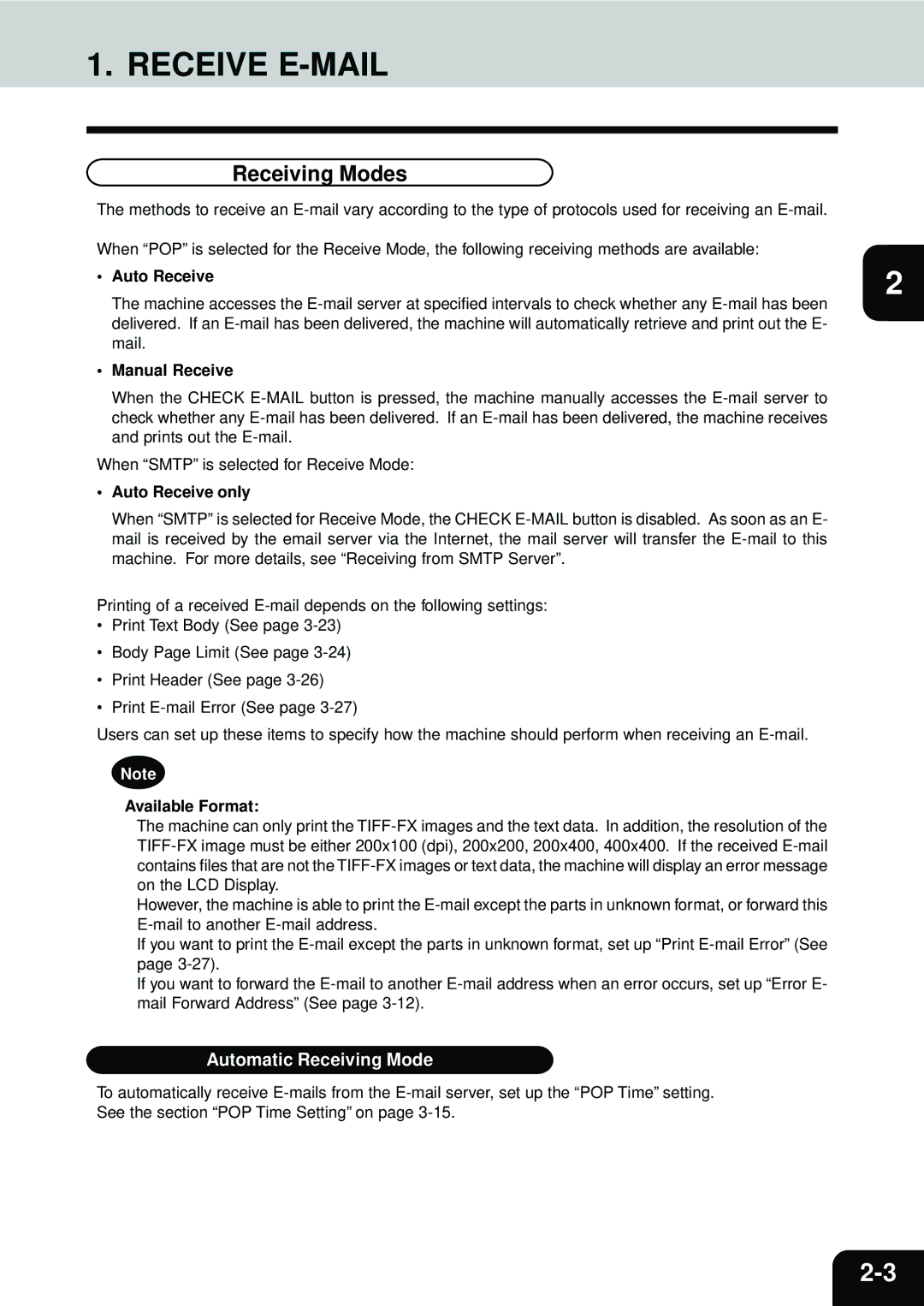 Toshiba E1-17063A manual Receive E-MAIL, Receiving Modes, Automatic Receiving Mode 