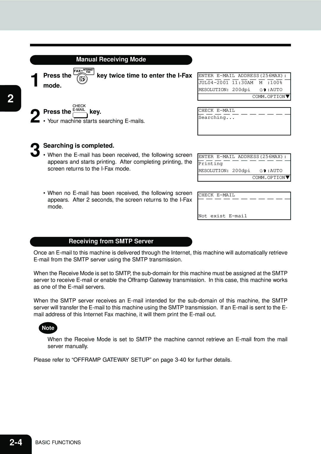 Toshiba E1-17063A manual Manual Receiving Mode, Press the key twice time to enter the I-Fax Mode, Searching is completed 