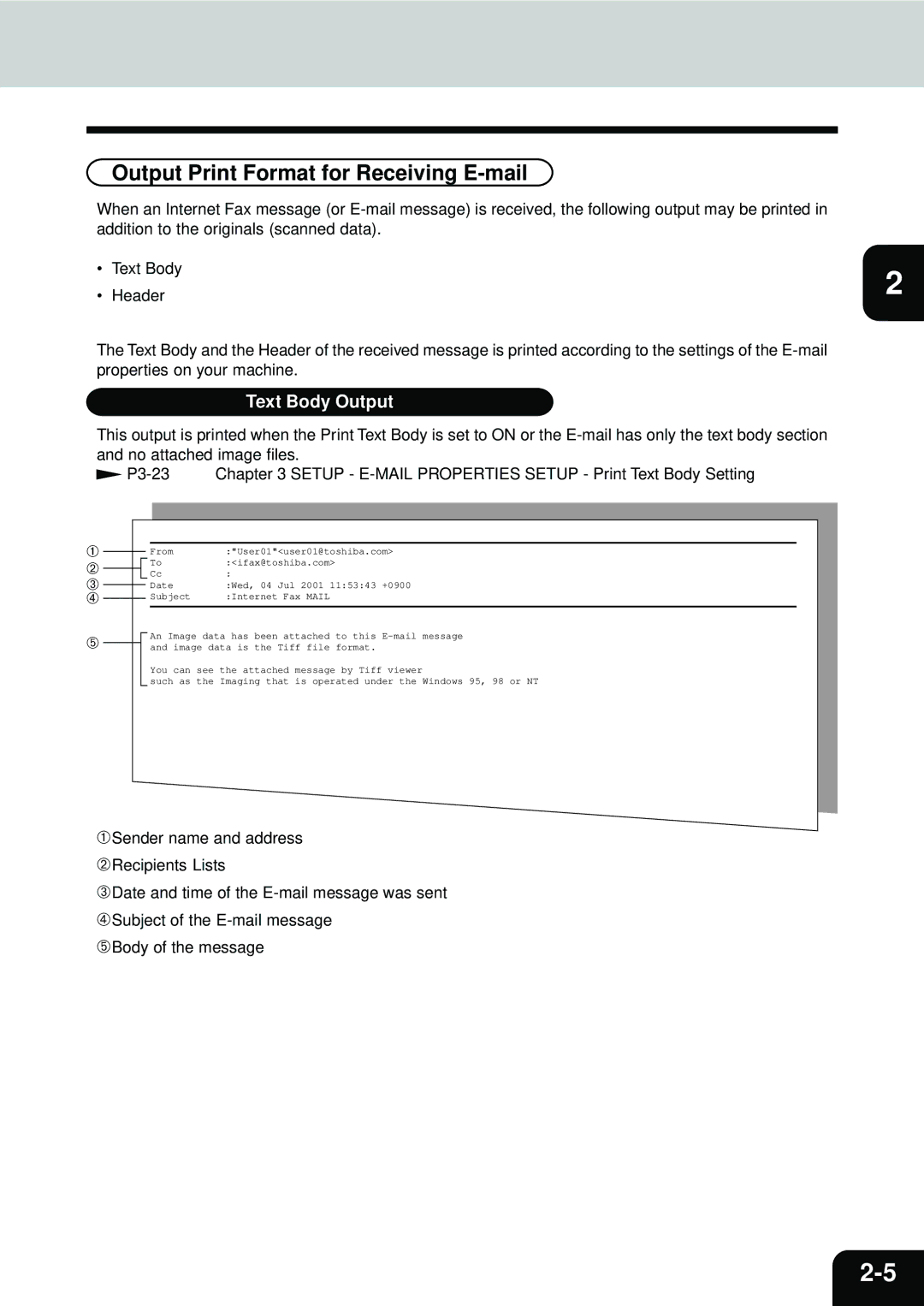 Toshiba E1-17063A manual Output Print Format for Receiving E-mail, Text Body Output 