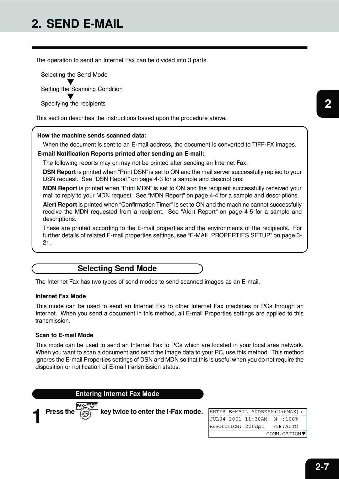 Toshiba E1-17063A manual Send E-MAIL, Selecting Send Mode, Entering Internet Fax Mode 