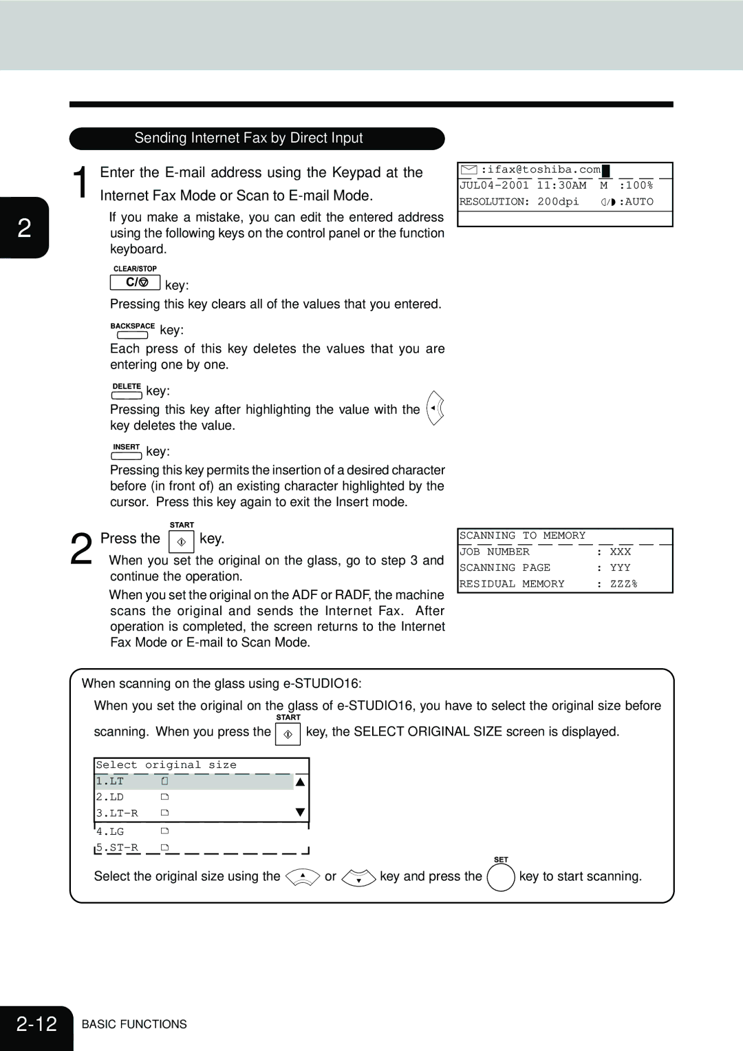 Toshiba E1-17063A manual Sending Internet Fax by Direct Input, Press Key, When you set the original on the glass, go to 