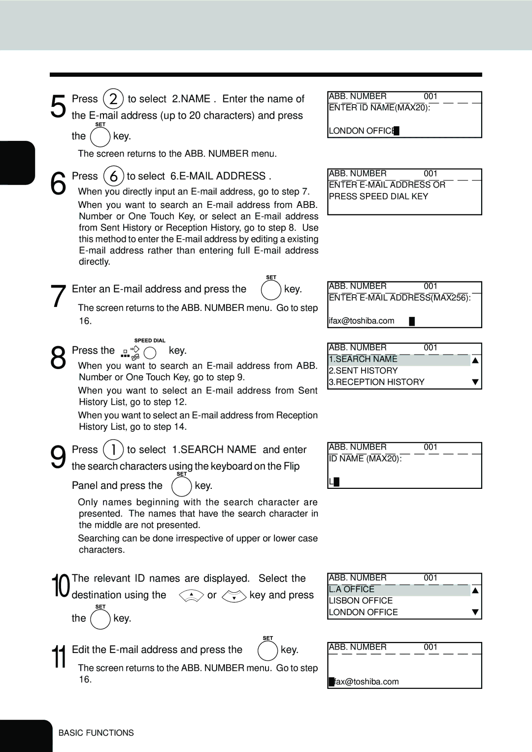 Toshiba E1-17063A Press to select 6.E-MAIL Address, Enter an E-mail address and press the key, Panel and press the key 