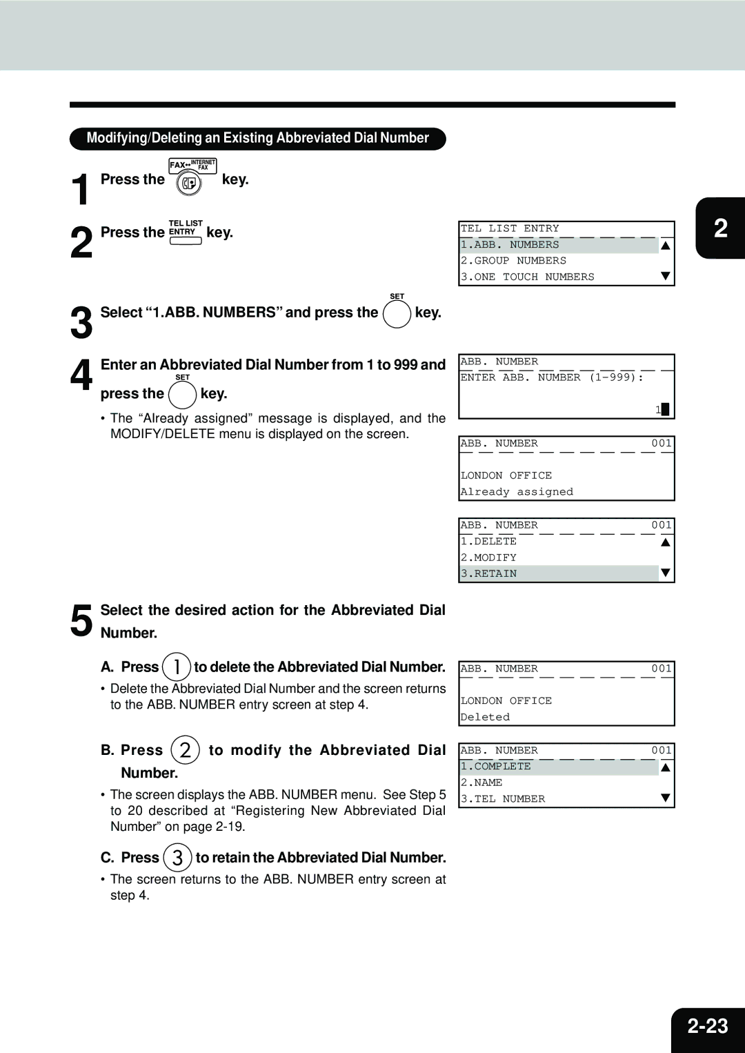 Toshiba E1-17063A Select the desired action for the Abbreviated Dial Number, Press to modify the Abbreviated Dial Number 