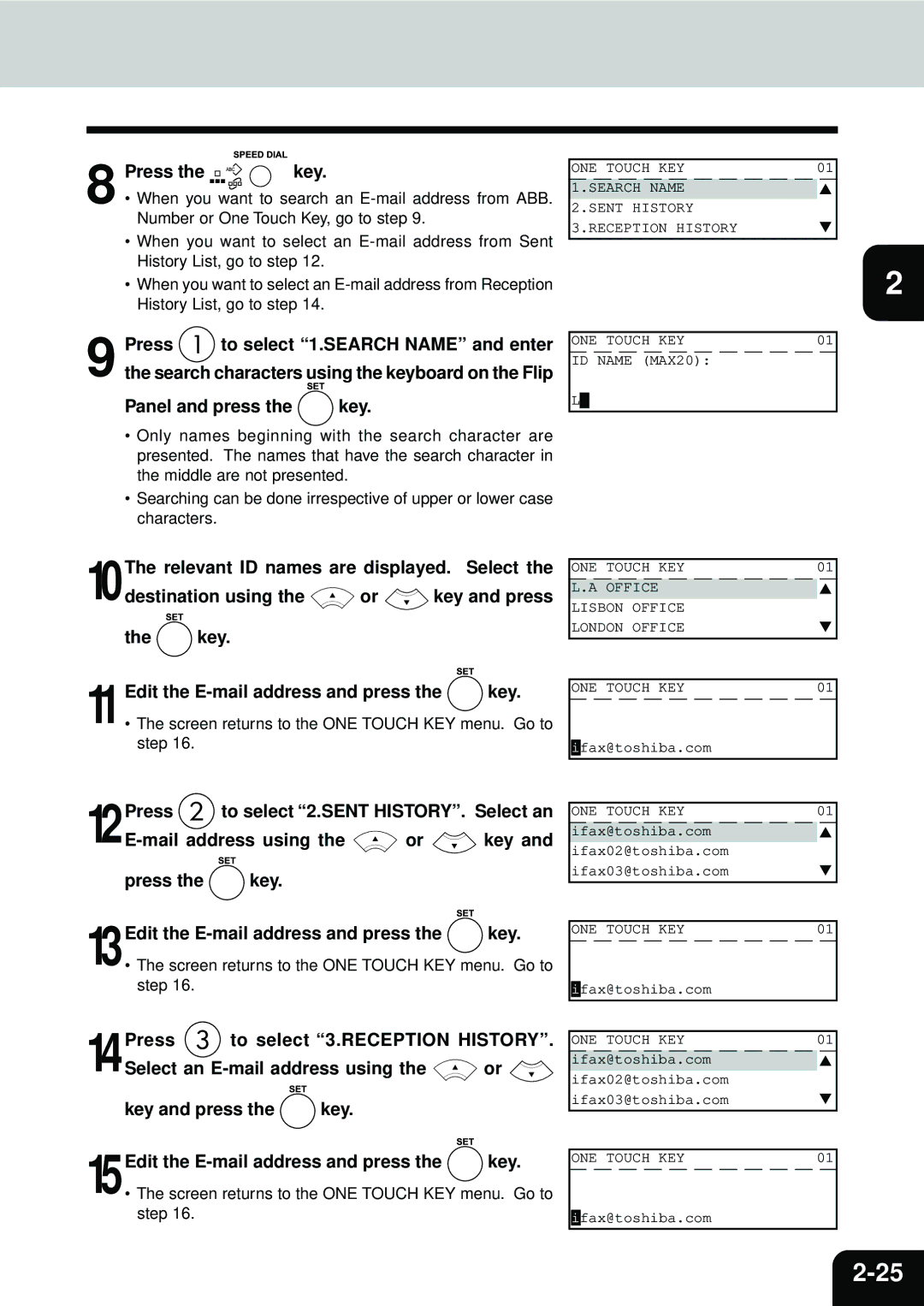 Toshiba E1-17063A manual 13Edit the E-mail address and press the key, When you want to search an E-mail address from ABB 