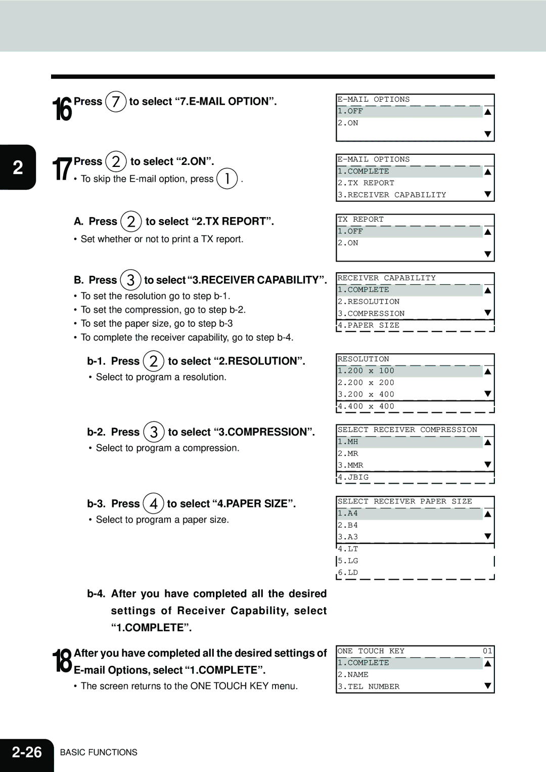 Toshiba E1-17063A manual 16Press to select 7.E-MAIL Option 17Press to select 2.ON, Press to select 4.PAPER Size 