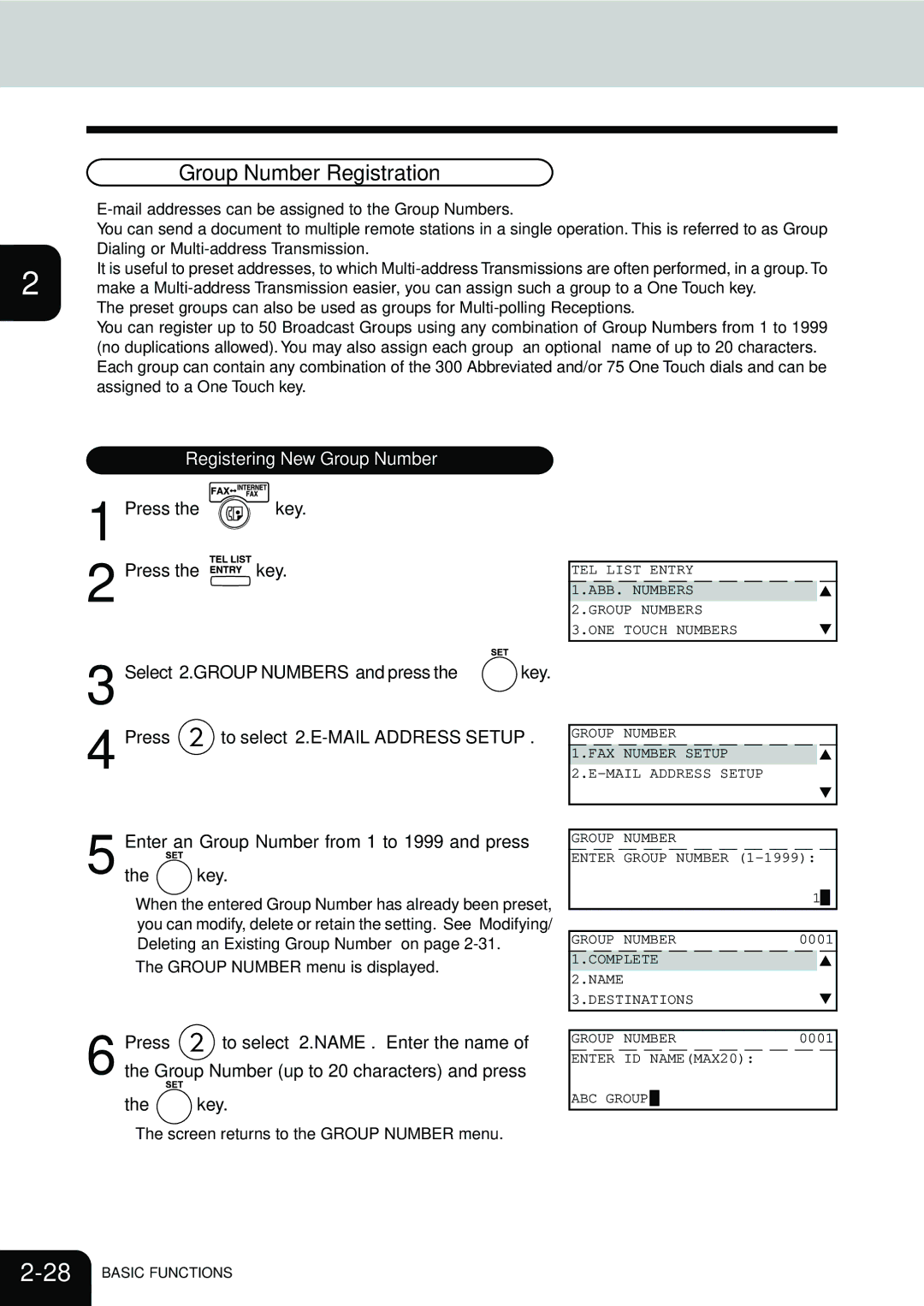 Toshiba E1-17063A manual Group Number Registration, Registering New Group Number, Select 2.GROUP Numbers and press the key 