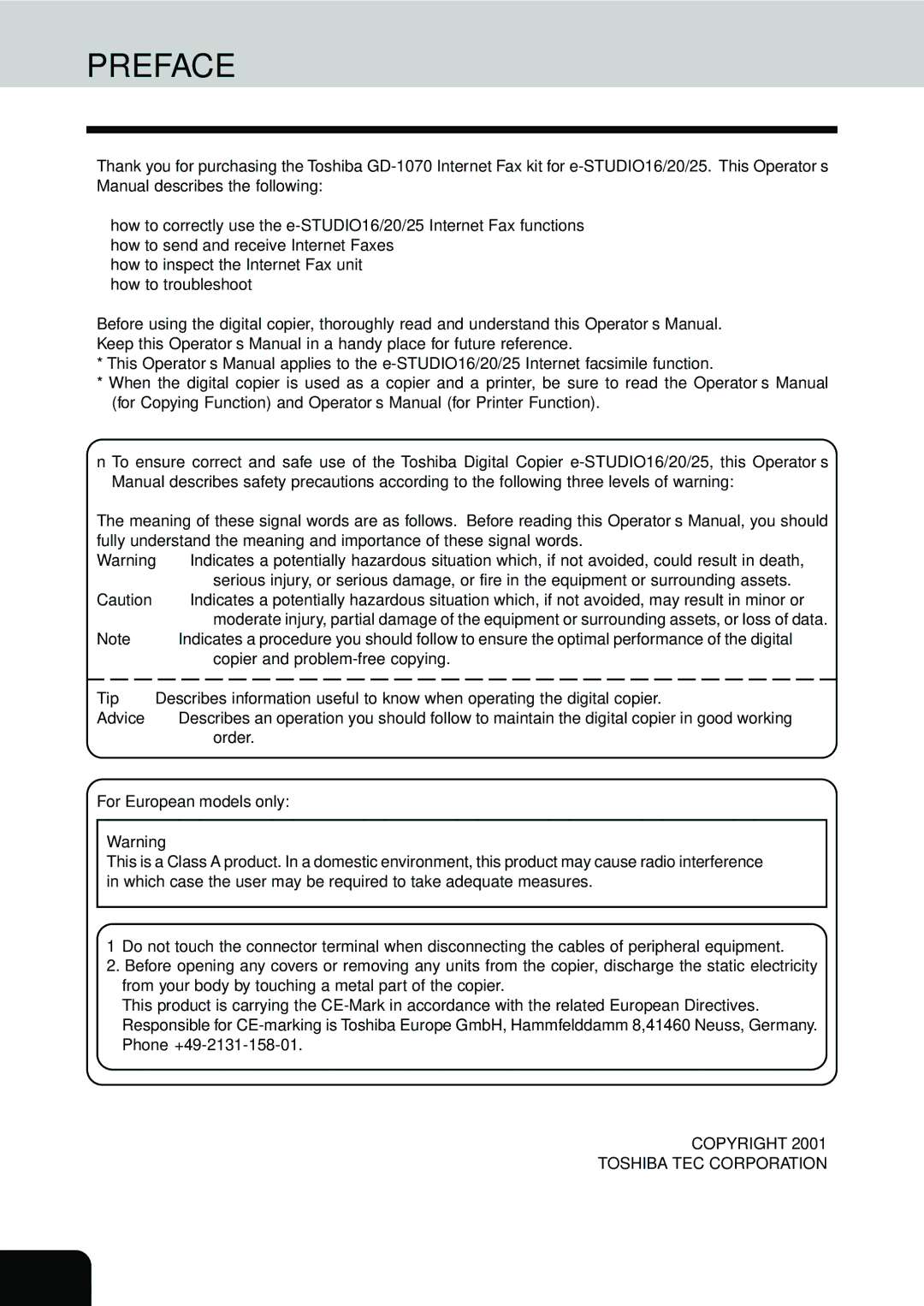 Toshiba E1-17063A manual Preface 