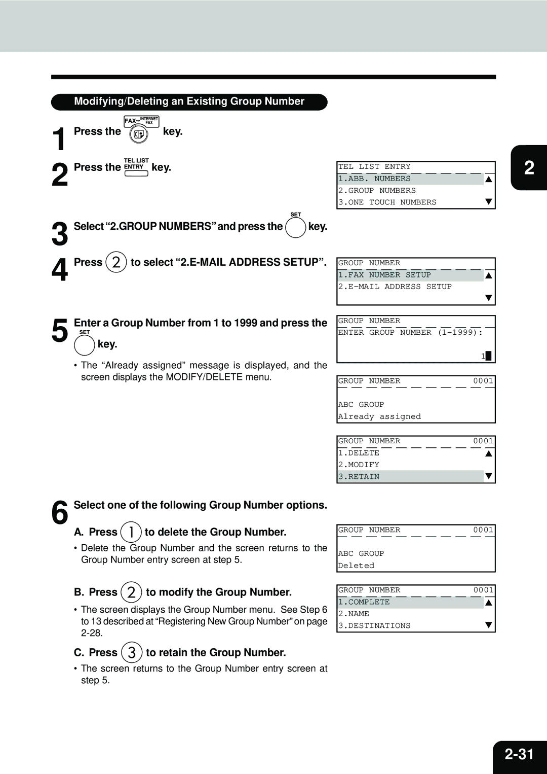 Toshiba E1-17063A manual Modifying/Deleting an Existing Group Number, Press to modify the Group Number 