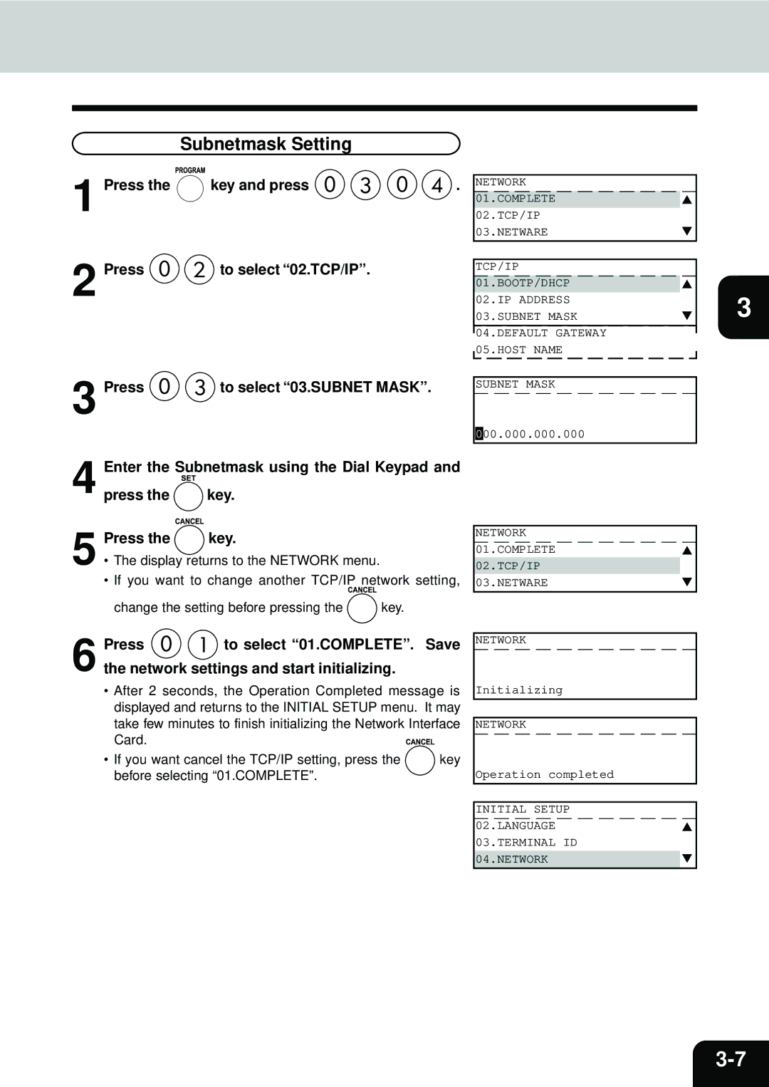 Toshiba E1-17063A manual Subnetmask Setting 