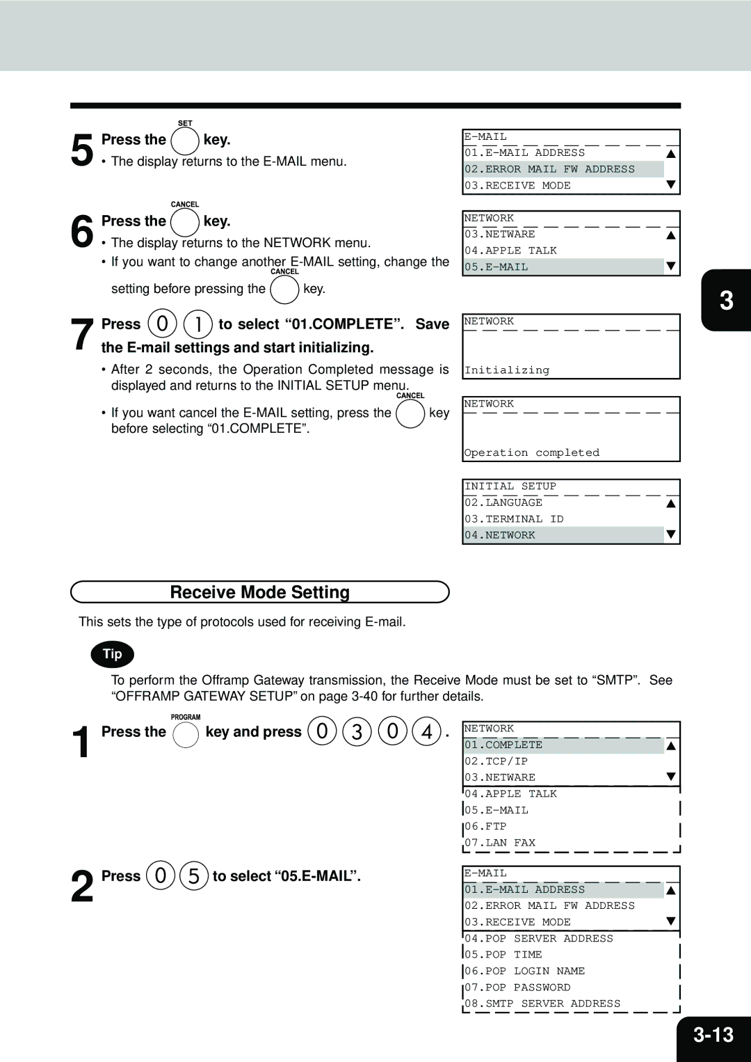 Toshiba E1-17063A manual Receive Mode Setting, This sets the type of protocols used for receiving E-mail 