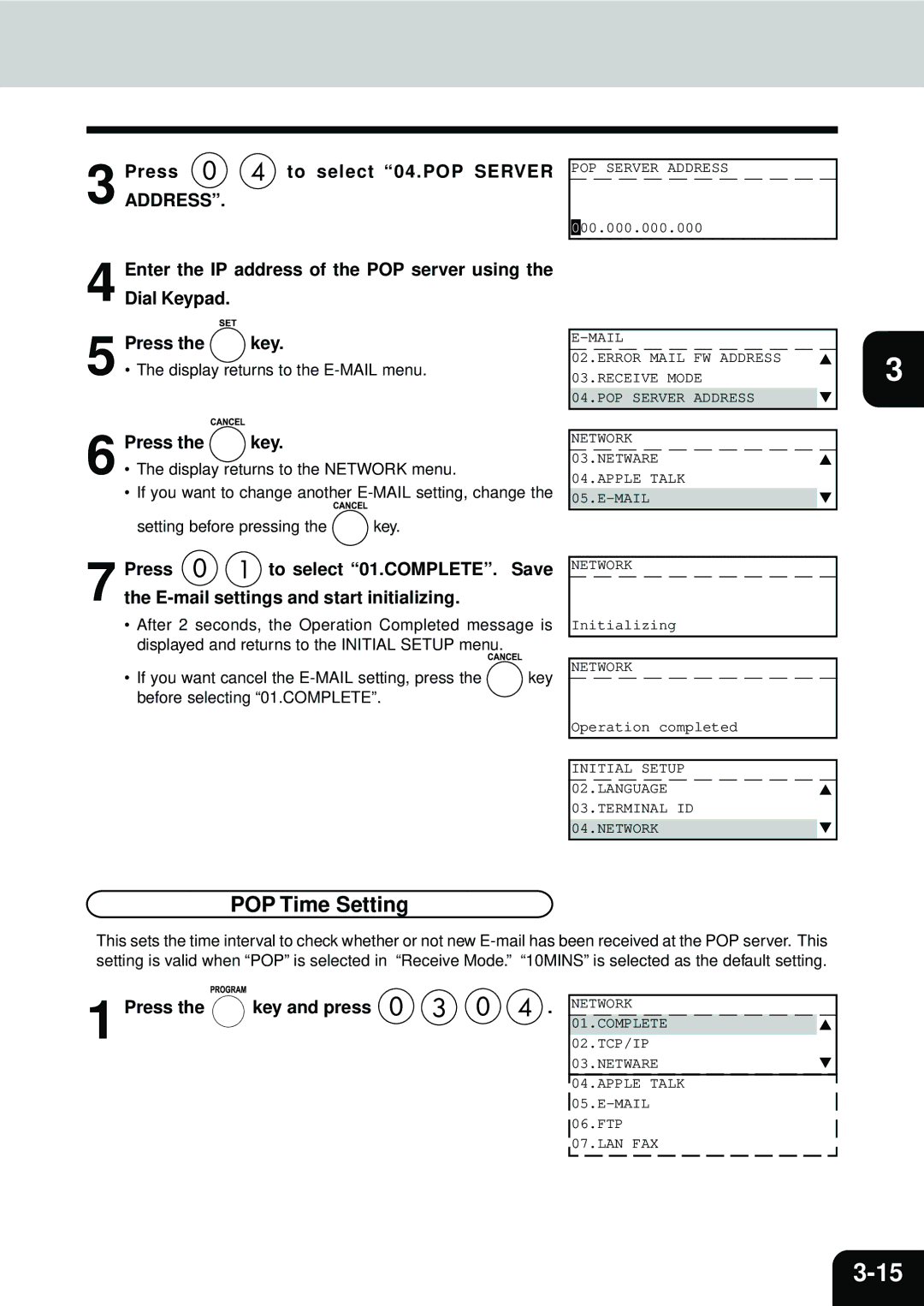 Toshiba E1-17063A manual POP Time Setting, PressADDRESS. to select 04.POP Server POP Server Address 