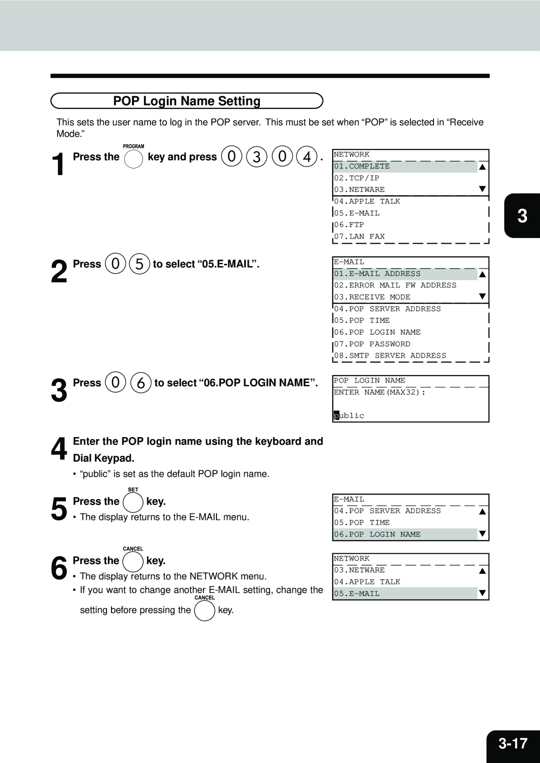 Toshiba E1-17063A manual POP Login Name Setting, Public is set as the default POP login name 