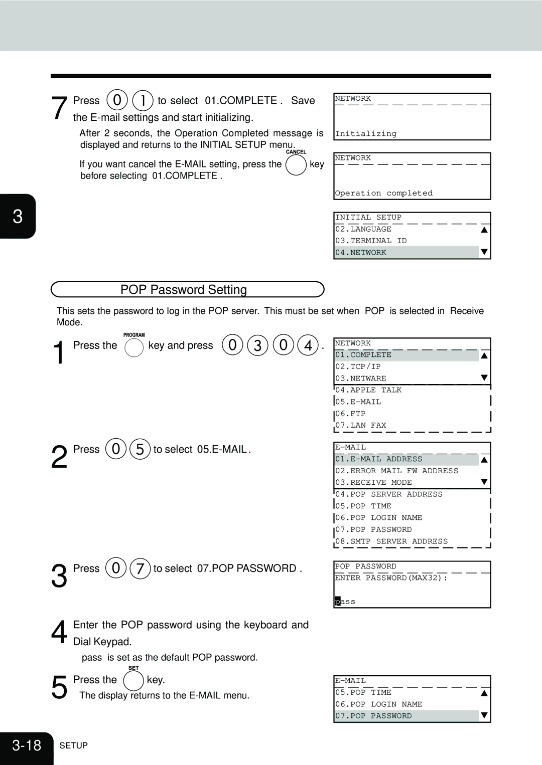 Toshiba E1-17063A manual POP Password Setting, Pass is set as the default POP password 