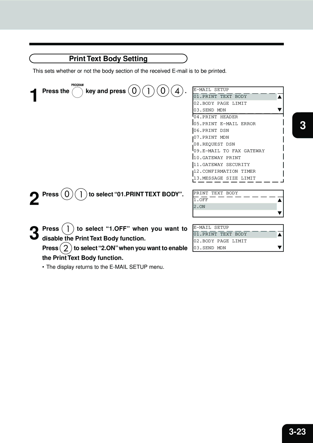 Toshiba E1-17063A manual Print Text Body Setting, Display returns to the E-MAIL Setup menu 