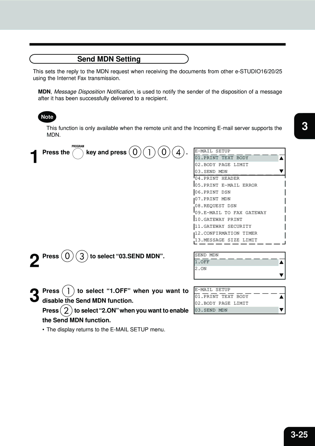 Toshiba E1-17063A manual Send MDN Setting 