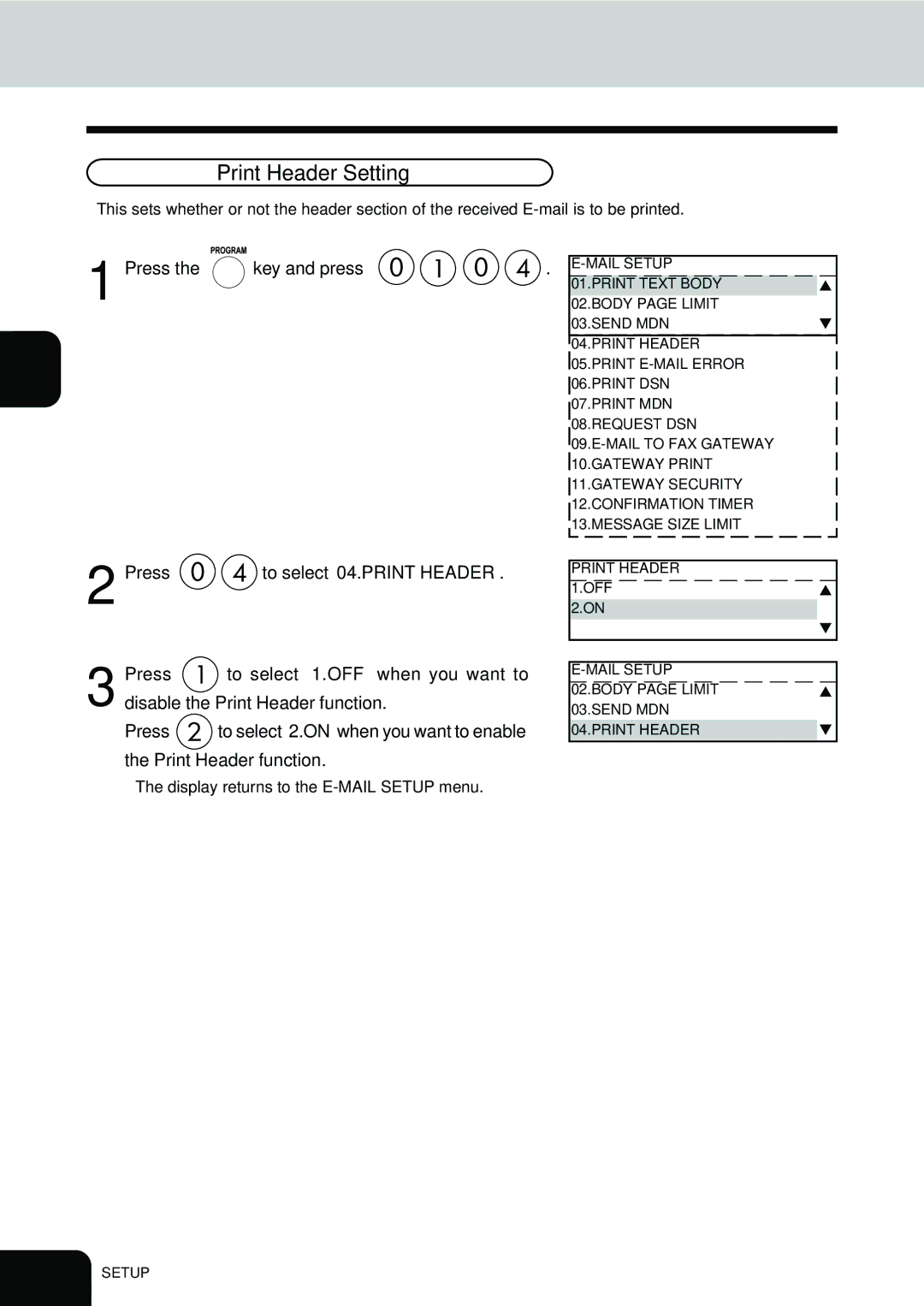 Toshiba E1-17063A manual Print Header Setting 