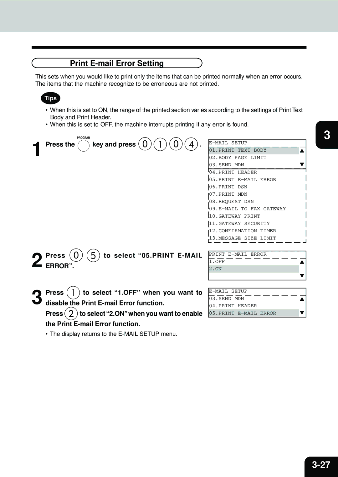 Toshiba E1-17063A manual Print E-mail Error Setting, PressERROR. to select 05.PRINT E-MAIL 