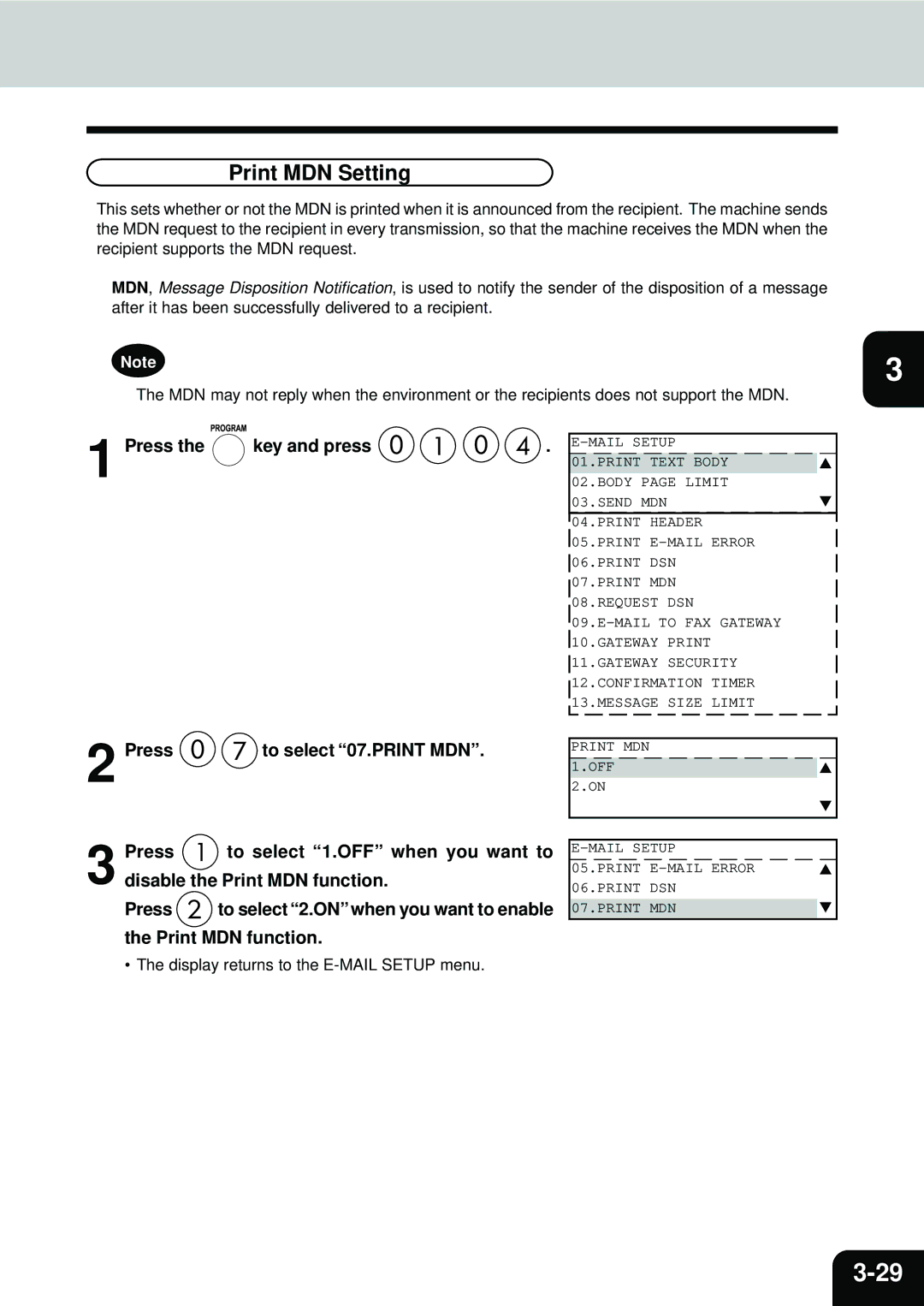 Toshiba E1-17063A manual Print MDN Setting 