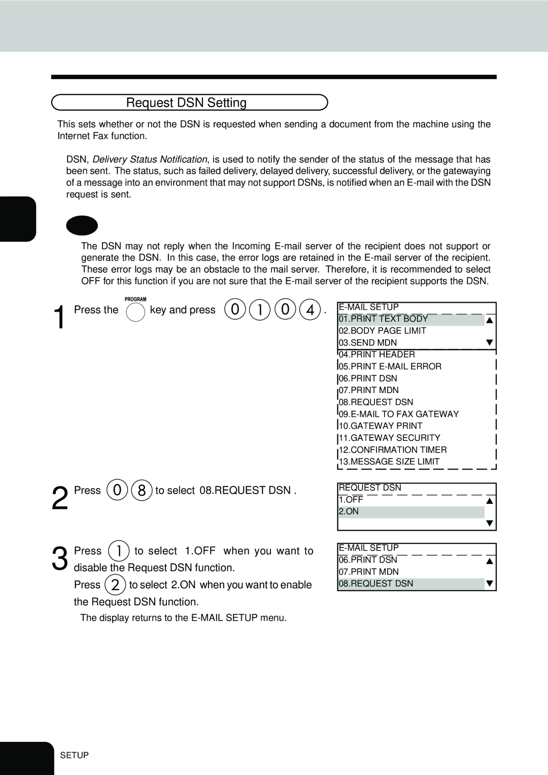 Toshiba E1-17063A manual Request DSN Setting 