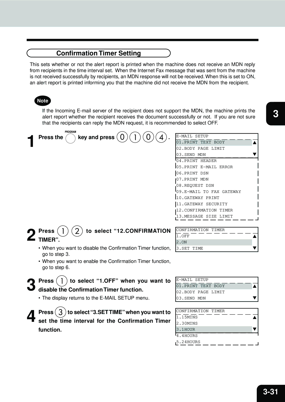 Toshiba E1-17063A Confirmation Timer Setting, TIMER.Press To select 12.CONFIRMATION, To select 3.SET Time when you want to 