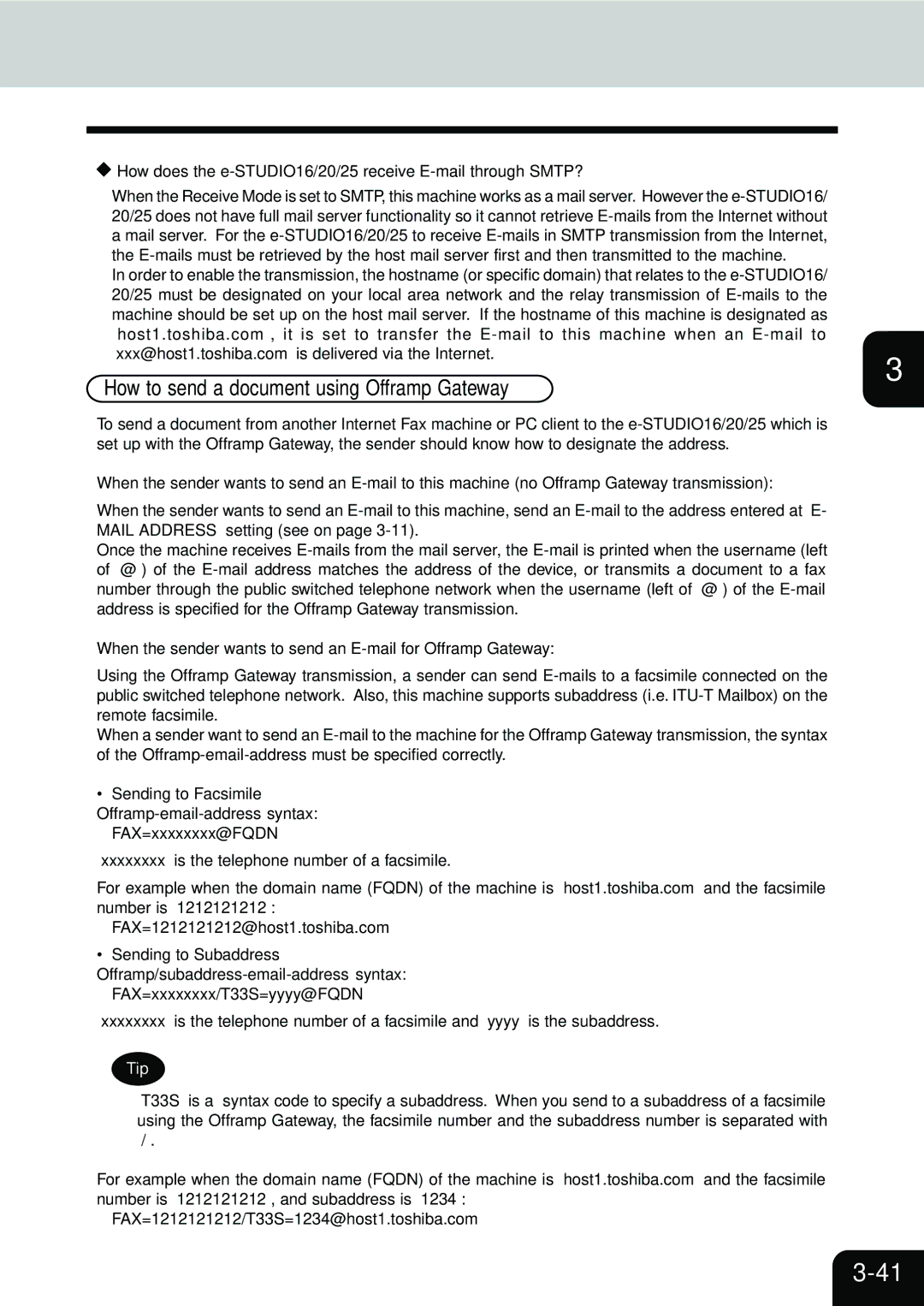 Toshiba E1-17063A How to send a document using Offramp Gateway, How does the e-STUDIO16/20/25 receive E-mail through SMTP? 