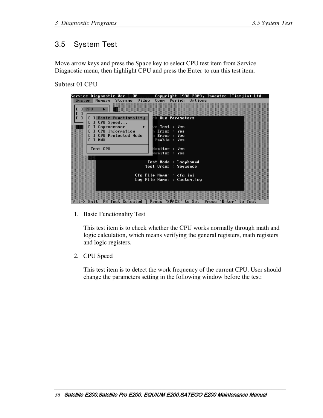 Toshiba E205 manual Diagnostic Programs System Test, Subtest 01 CPU 