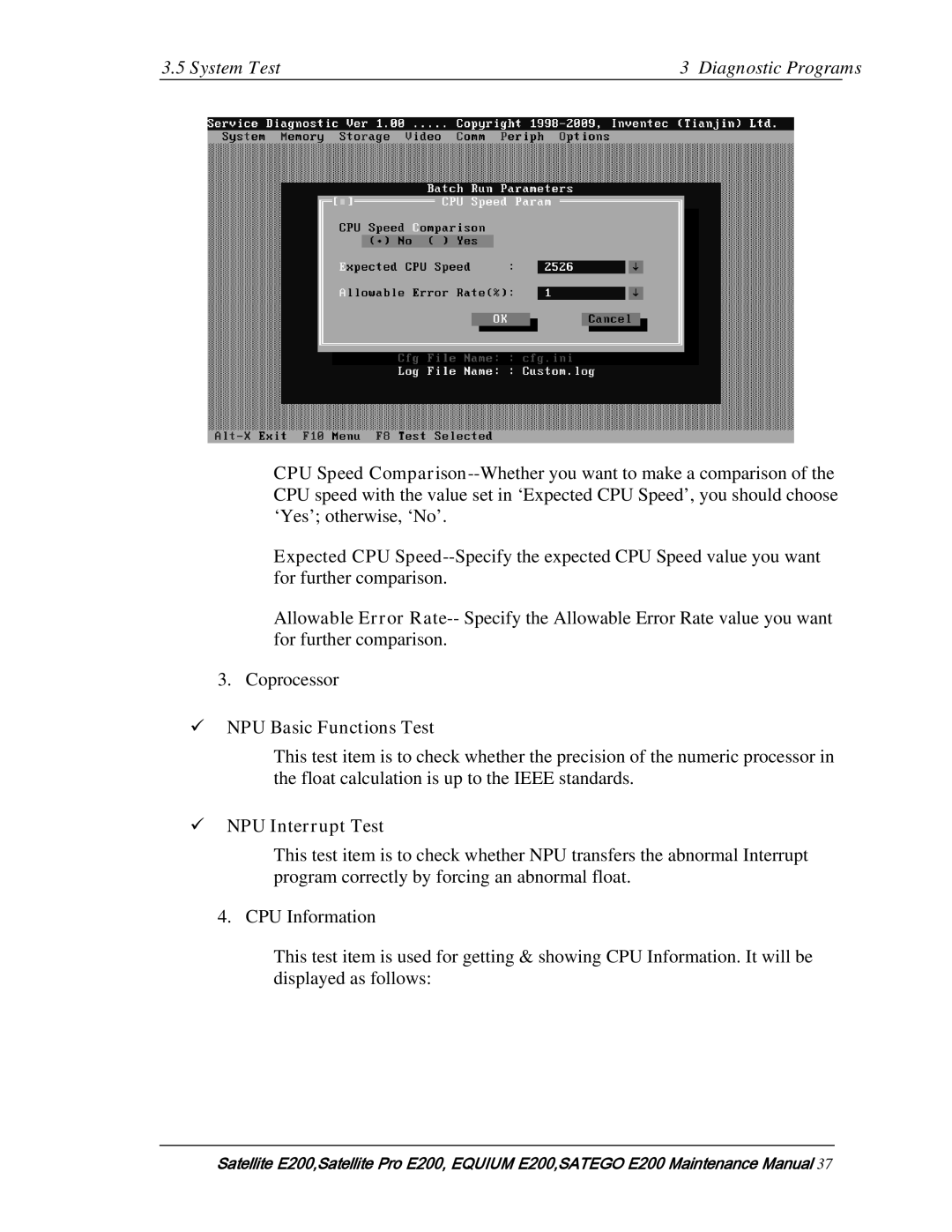 Toshiba E205 manual System Test Diagnostic Programs,  NPU Basic Functions Test,  NPU Interrupt Test 