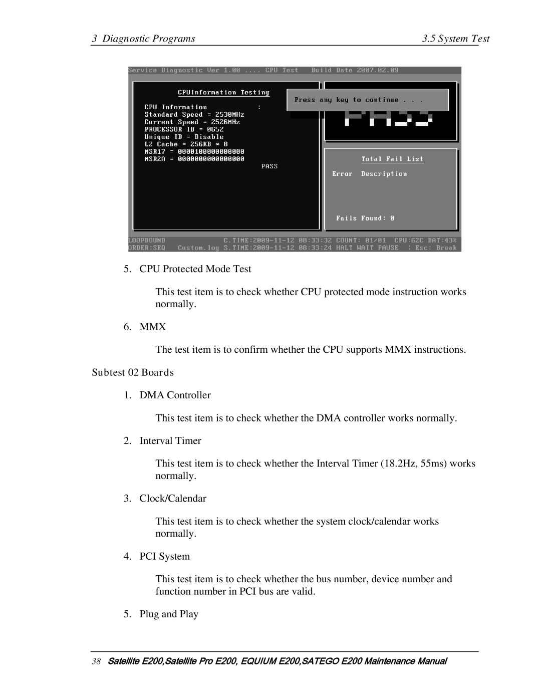 Toshiba E205 manual Subtest 02 Boards 