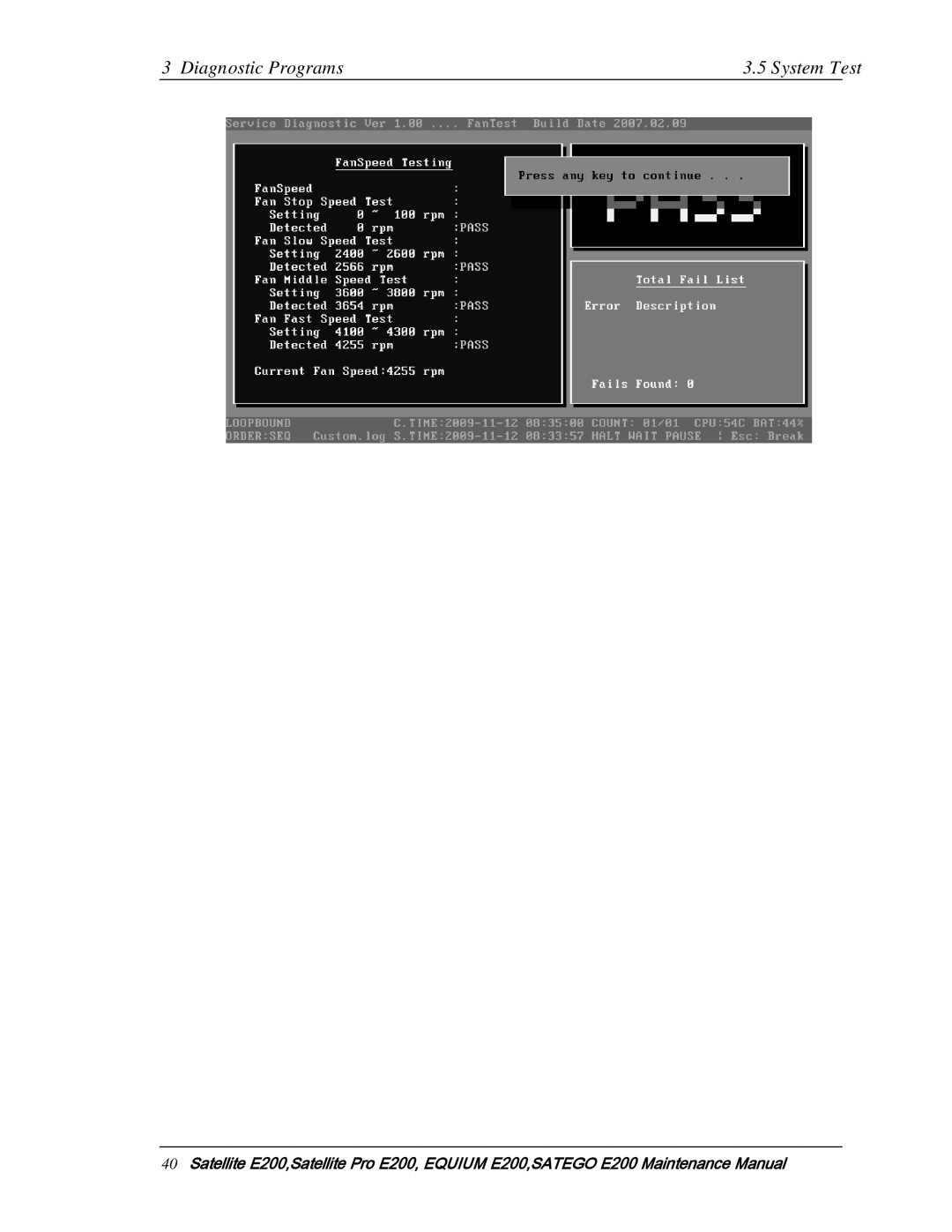 Toshiba E205 manual Diagnostic Programs System Test 