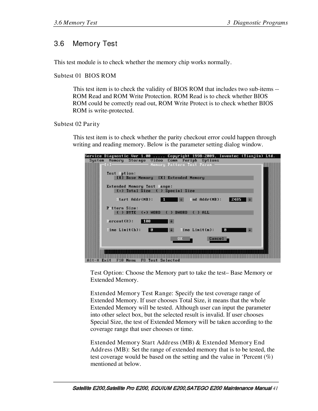 Toshiba E205 manual Memory Test Diagnostic Programs, Subtest 01 Bios ROM, Subtest 02 Parity 