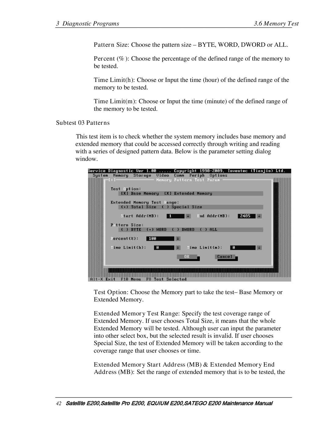 Toshiba E205 manual Diagnostic Programs Memory Test, Subtest 03 Patterns 