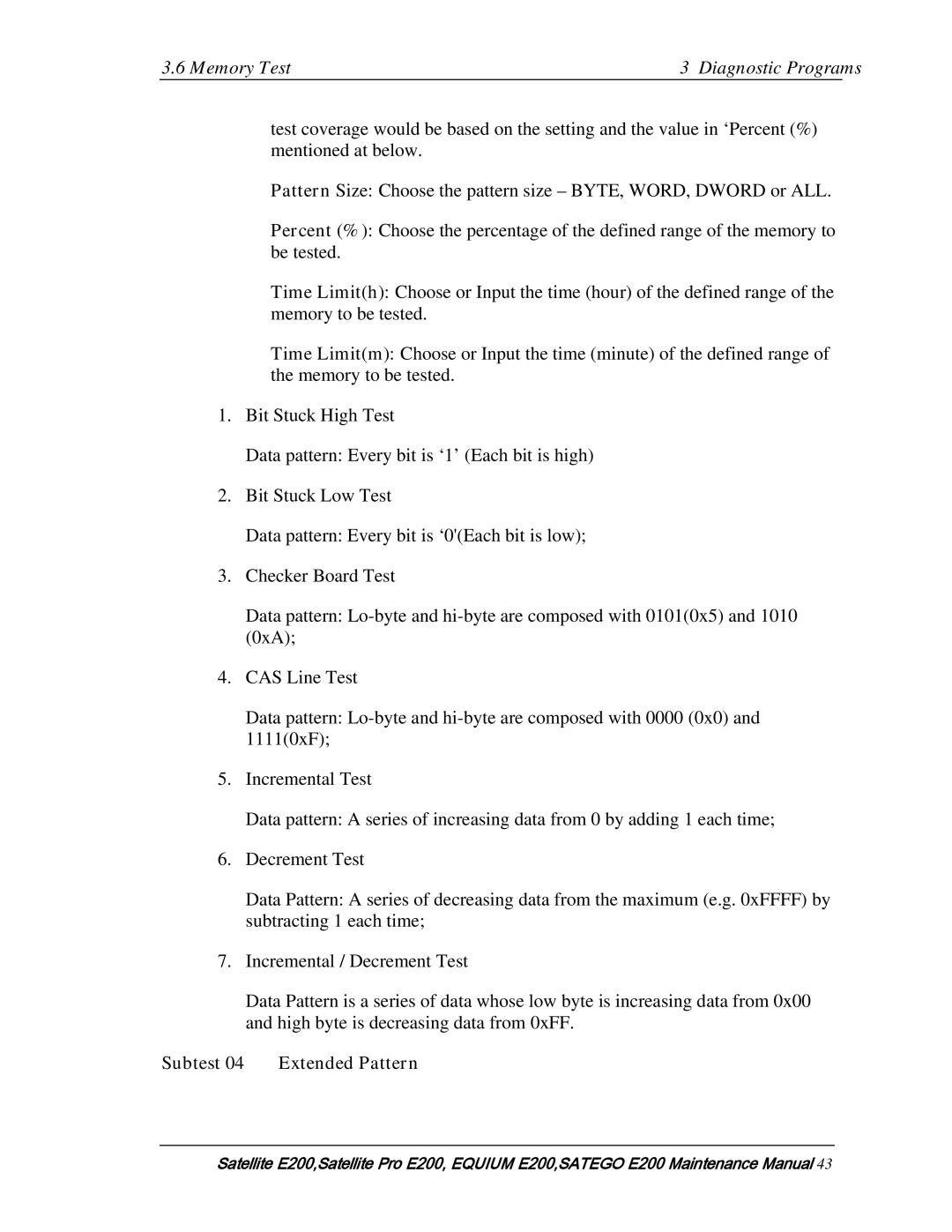 Toshiba E205 manual Subtest 04 Extended Pattern 