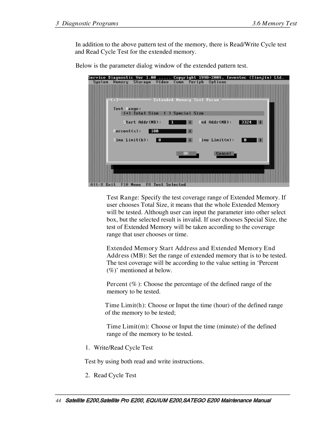 Toshiba E205 manual Diagnostic Programs Memory Test 