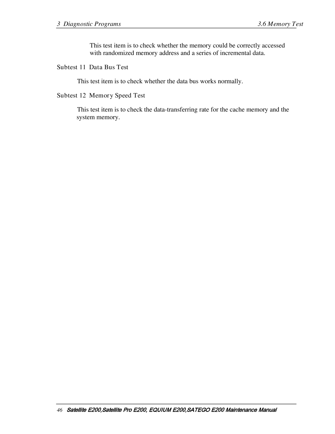 Toshiba E205 manual Subtest 11 Data Bus Test, Subtest 12 Memory Speed Test 