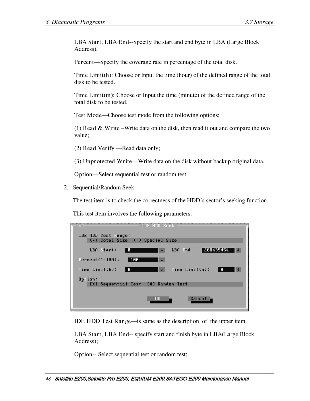 Toshiba E205 manual Diagnostic Programs Storage 