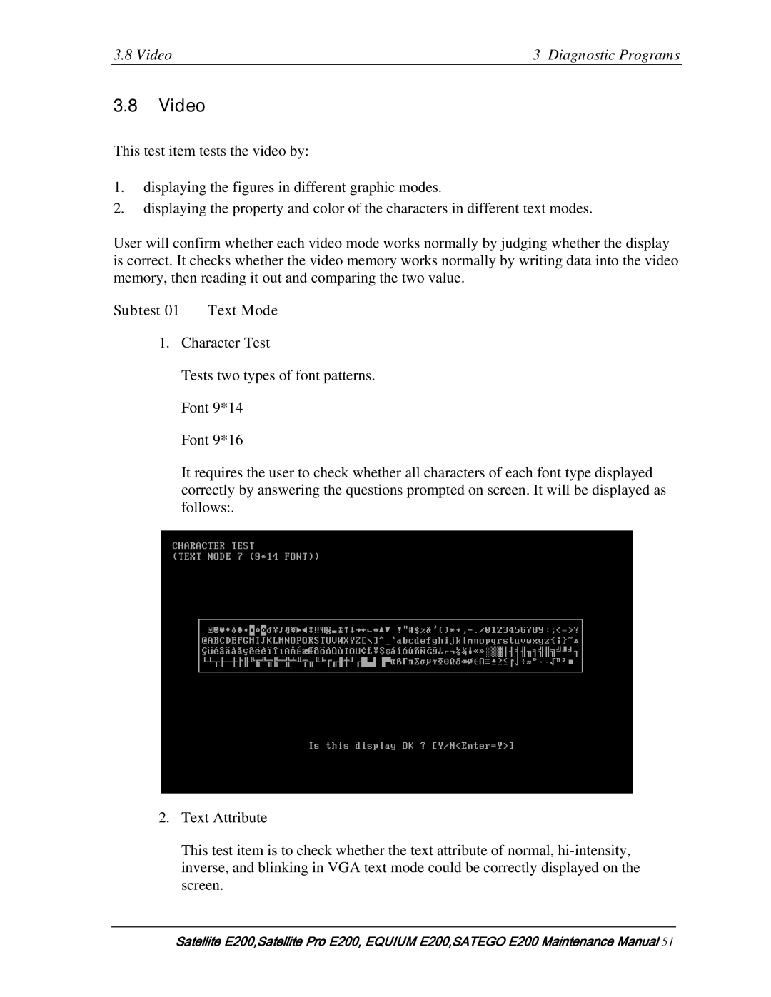 Toshiba E205 manual Video Diagnostic Programs, Subtest 