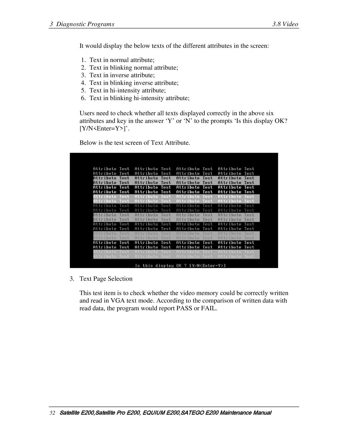 Toshiba E205 manual Diagnostic Programs Video 