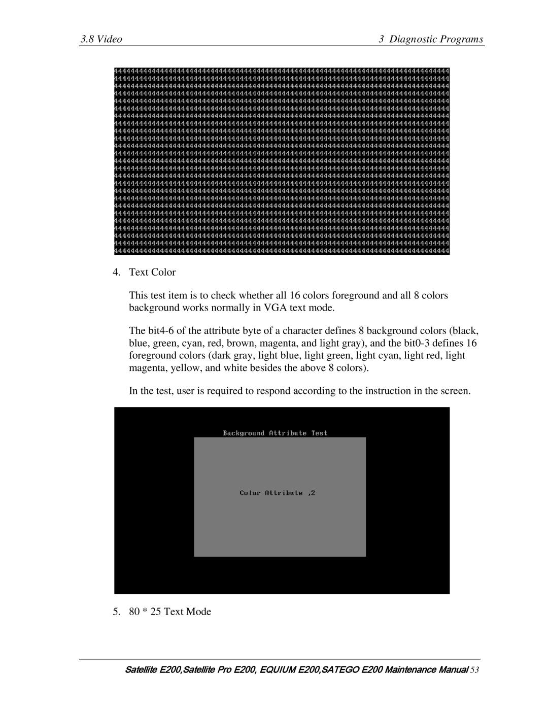 Toshiba E205 manual Video Diagnostic Programs 