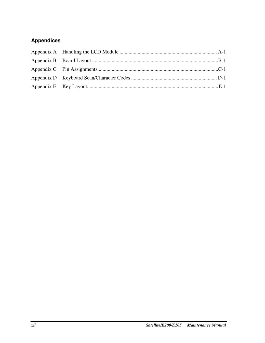 Toshiba E205 manual Appendices 