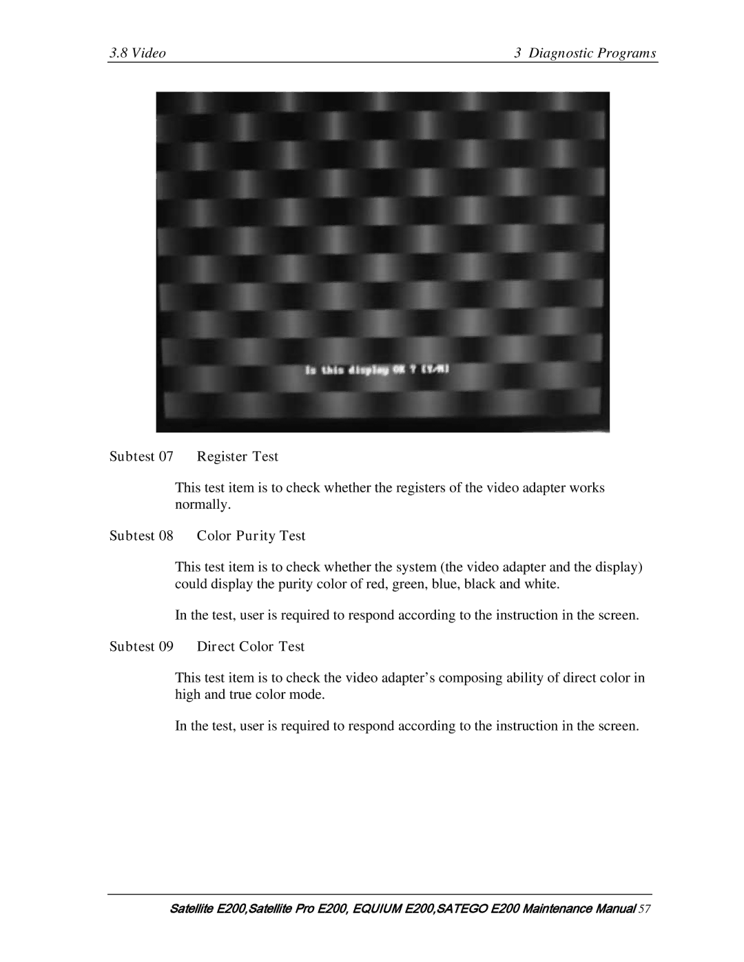 Toshiba E205 manual Subtest 08 Color Purity Test, Subtest 09 Direct Color Test 