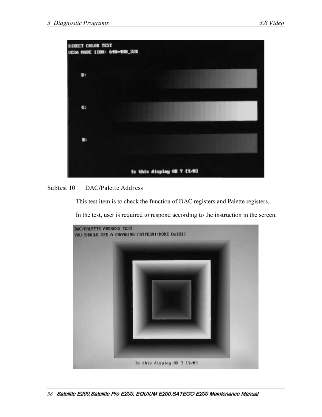 Toshiba E205 manual Subtest 10 DAC/Palette Address 