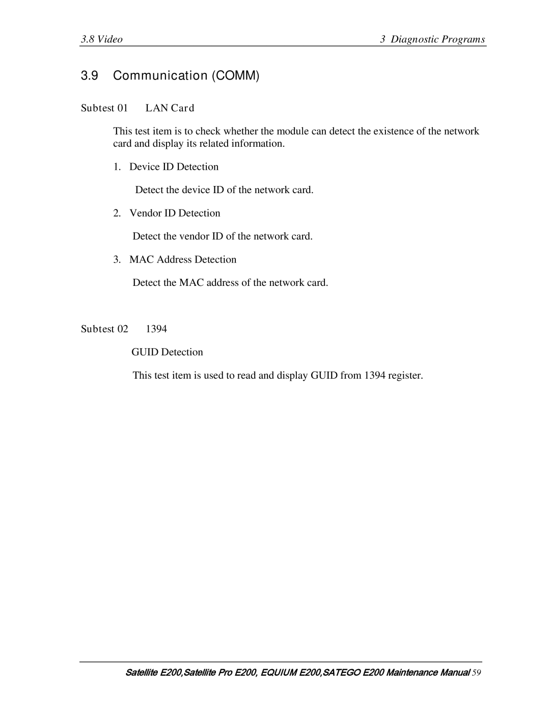 Toshiba E205 manual Communication Comm, Subtest 01 LAN Card, Subtest 1394 