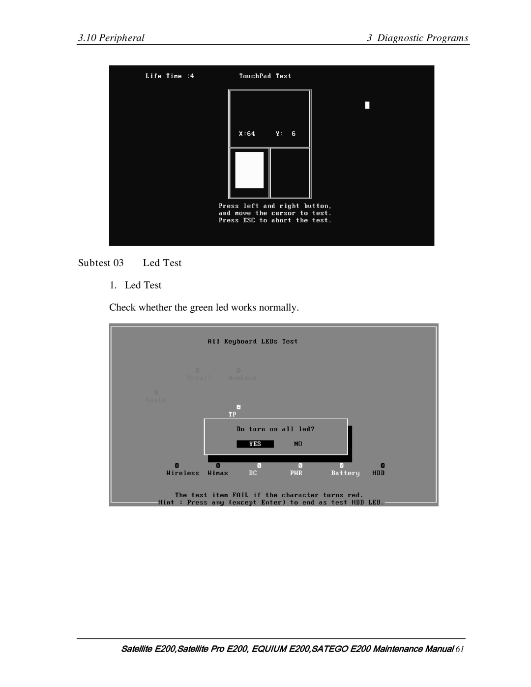 Toshiba E205 manual Peripheral Diagnostic Programs, Subtest Led Test 