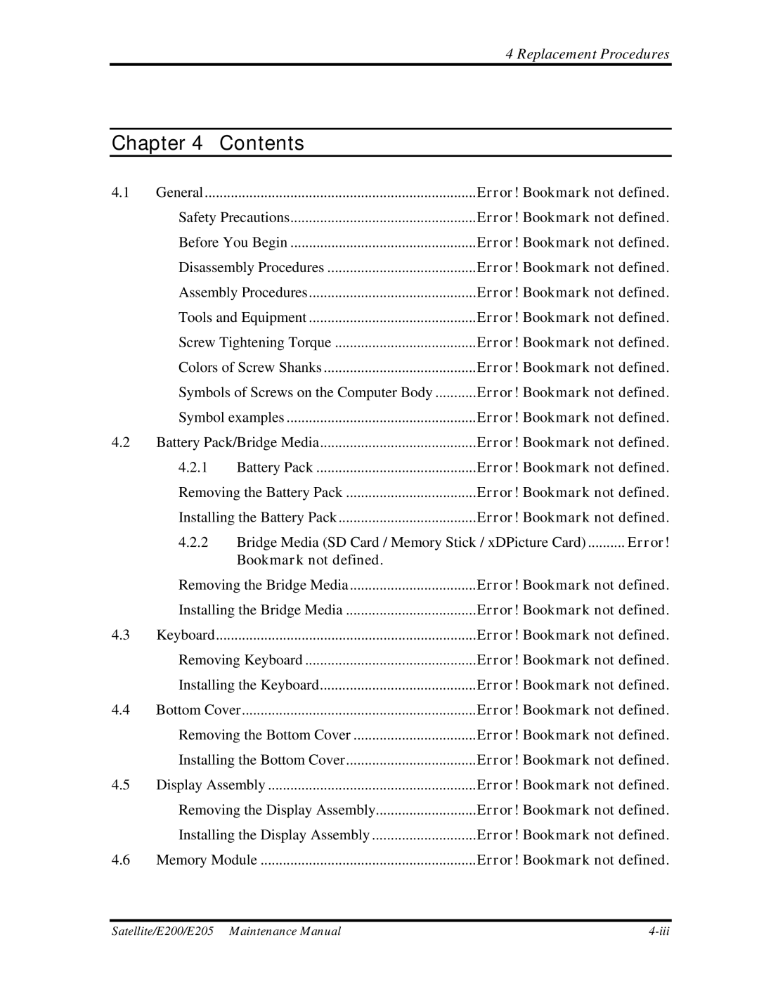 Toshiba E205 manual Chapter Contents 