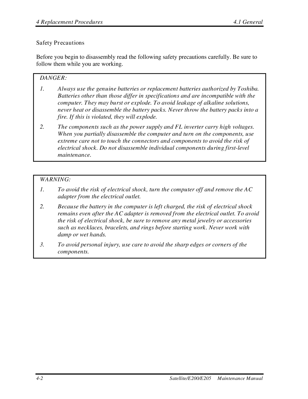 Toshiba E205 manual Replacement Procedures General, Safety Precautions 