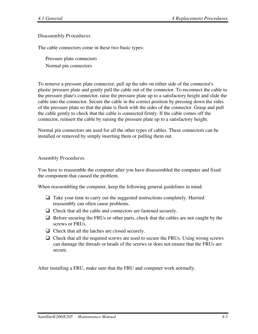 Toshiba E205 manual Disassembly Procedures, Assembly Procedures 