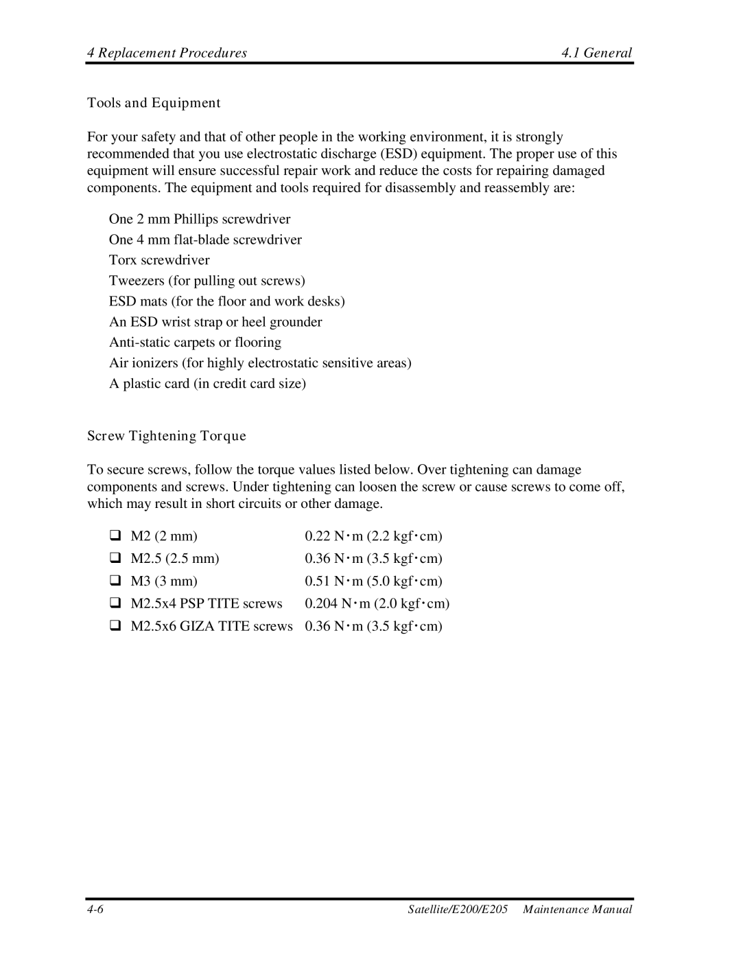 Toshiba E205 manual Tools and Equipment, Screw Tightening Torque 