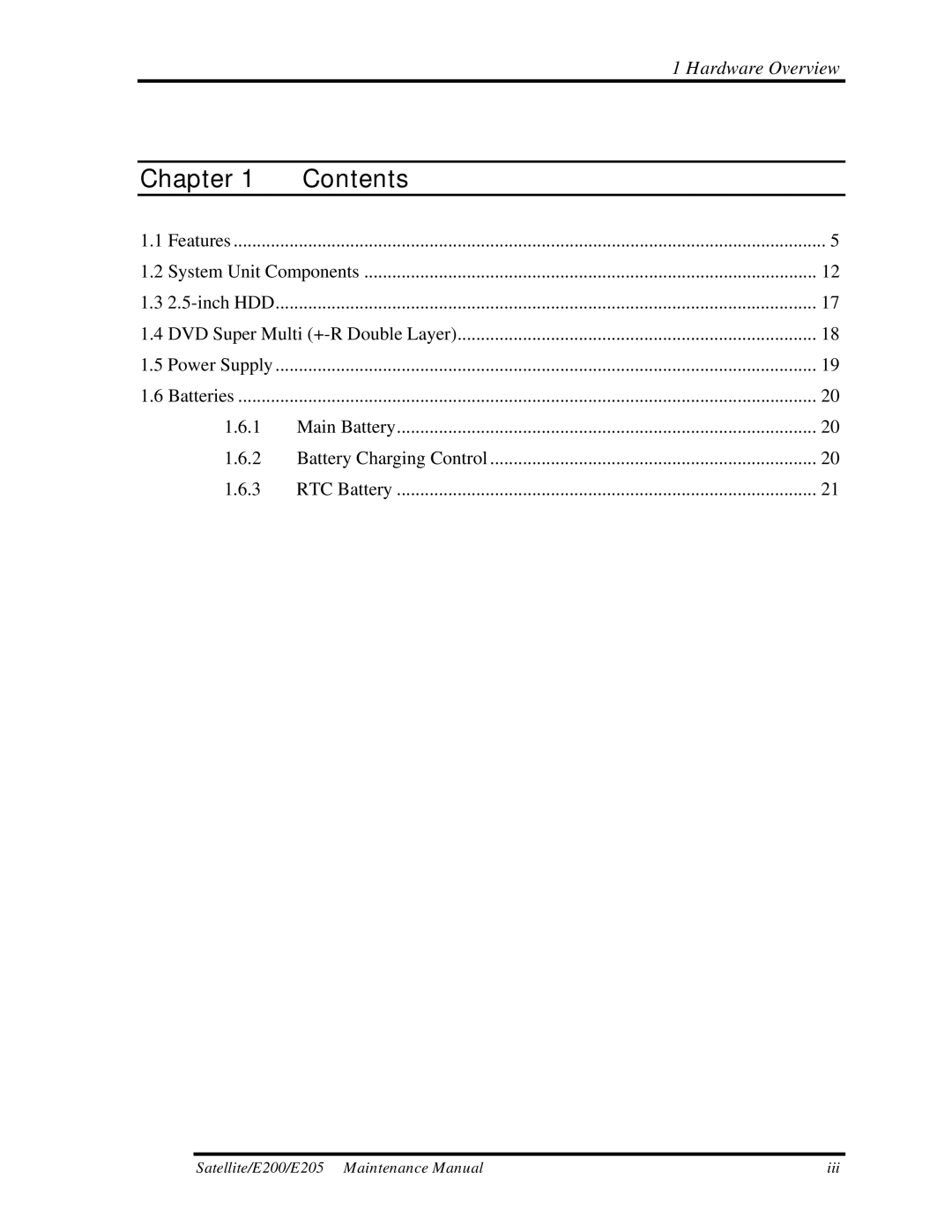 Toshiba E205 manual Chapter Contents 